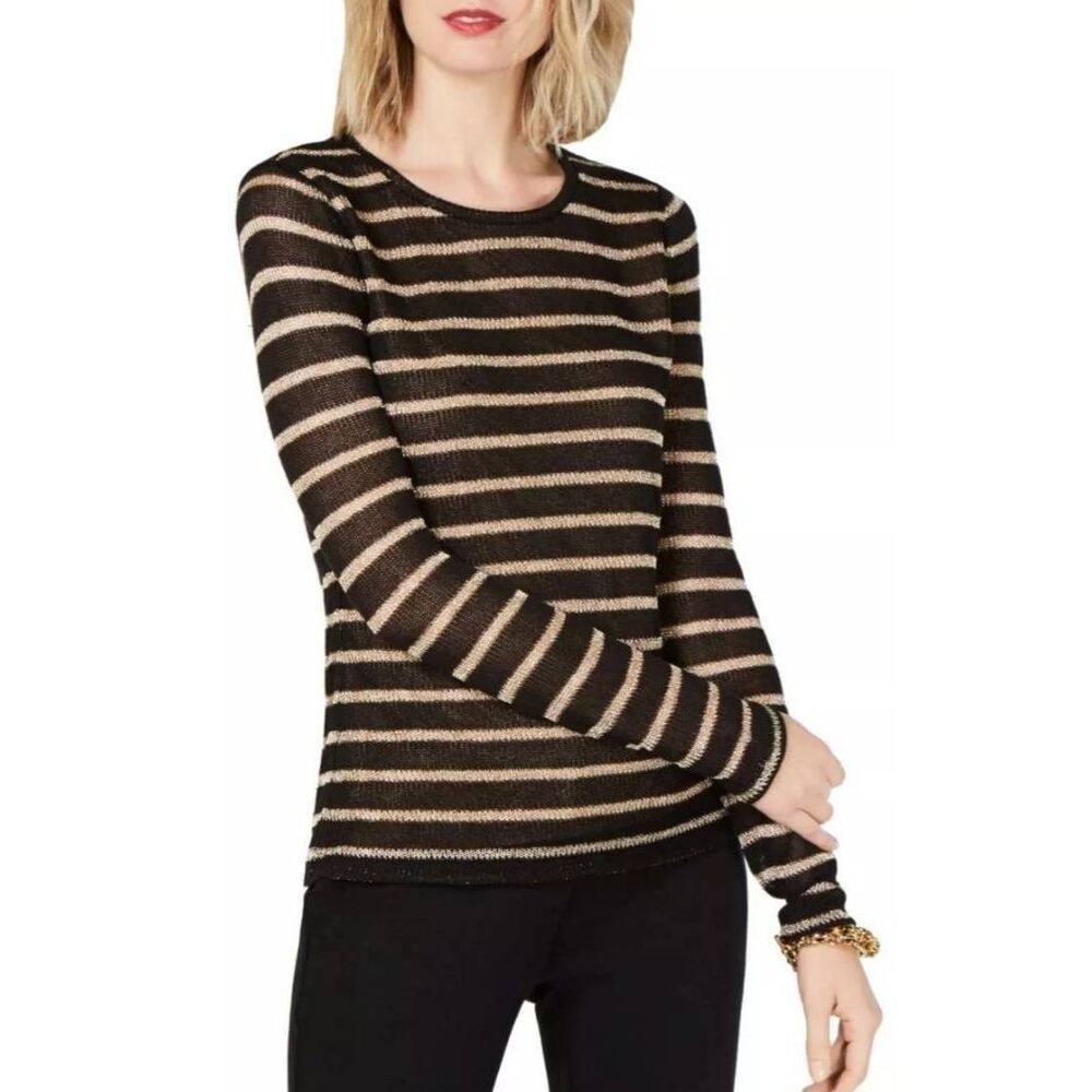 Michael Kors Open Knit Metallic Stripes Gold Black Long Sleeve Top Sz LP New